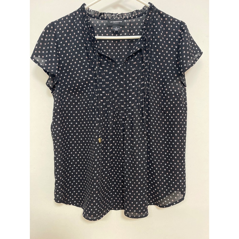 Liz Claiborne Career Black Polka Dot Pintuck Ruffle Neck Blouse Medium